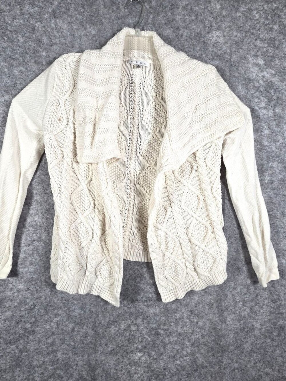 Cabi Sweater Womens Fisherman Cardigan Cable Knit White Shawl Collar Open Sz S